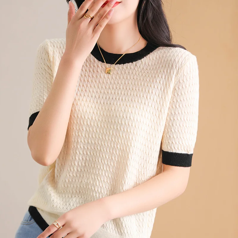 coiney: 2023 Summer New Women’s T-Shirt Wool Sweater Knitted Short Sleeve Casual Loose Women’s Top Round Neck T-shirt Loose Fashion Shir