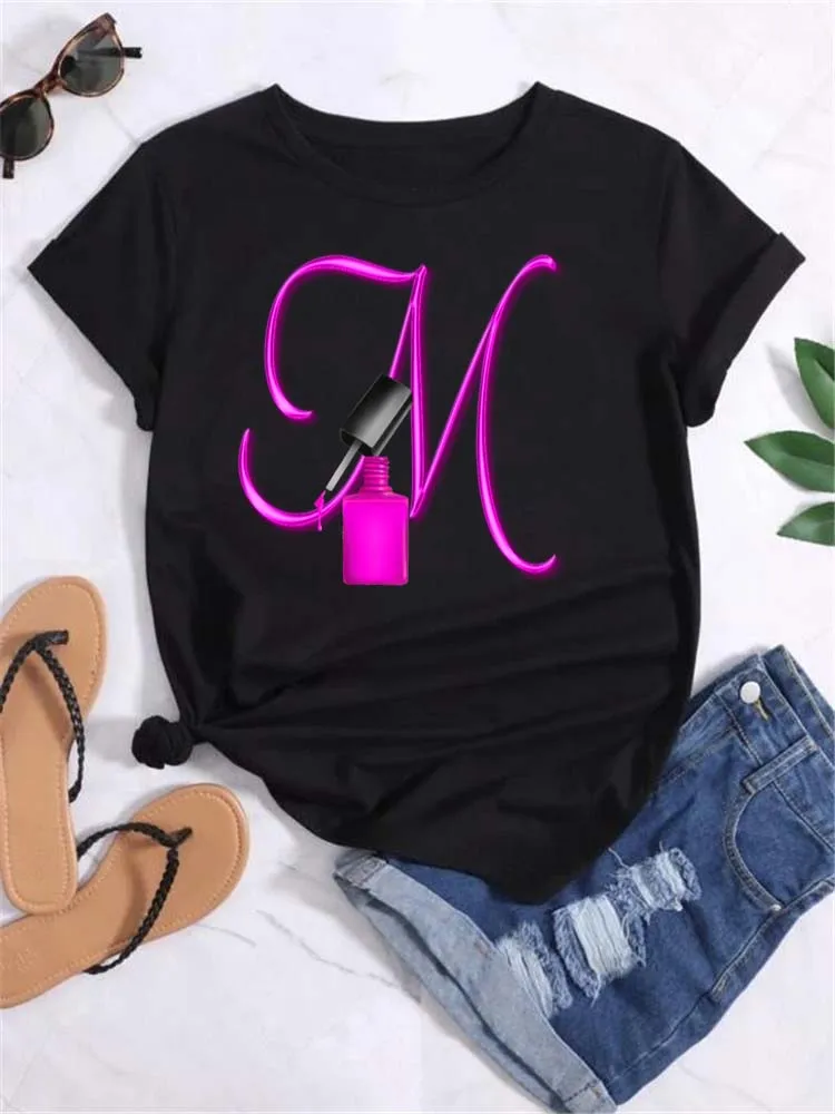 coiney: Maycaur Custom Name Letter Combination Fashion Women T-shirt Nail Polish Letter Font A B C D E F G Short Sleeve Tops Female Tees