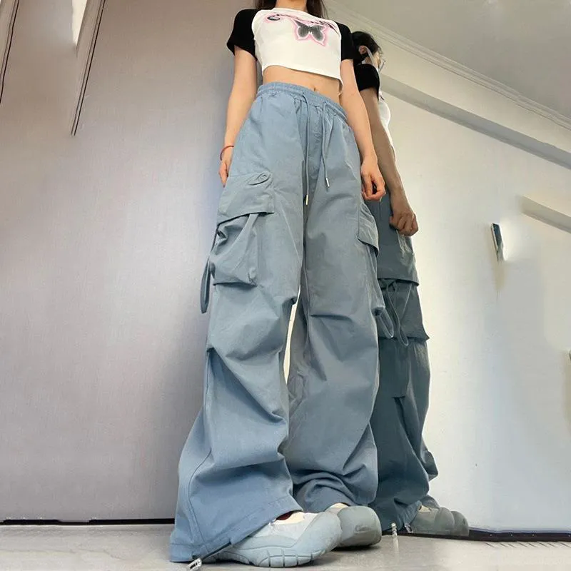 coiney: Women Y2K Cargo Pants High Waist Streetwear Hip Hop Trousers Female Big Pockets Casual Low Waist Drawstring Baggy Sweatpants